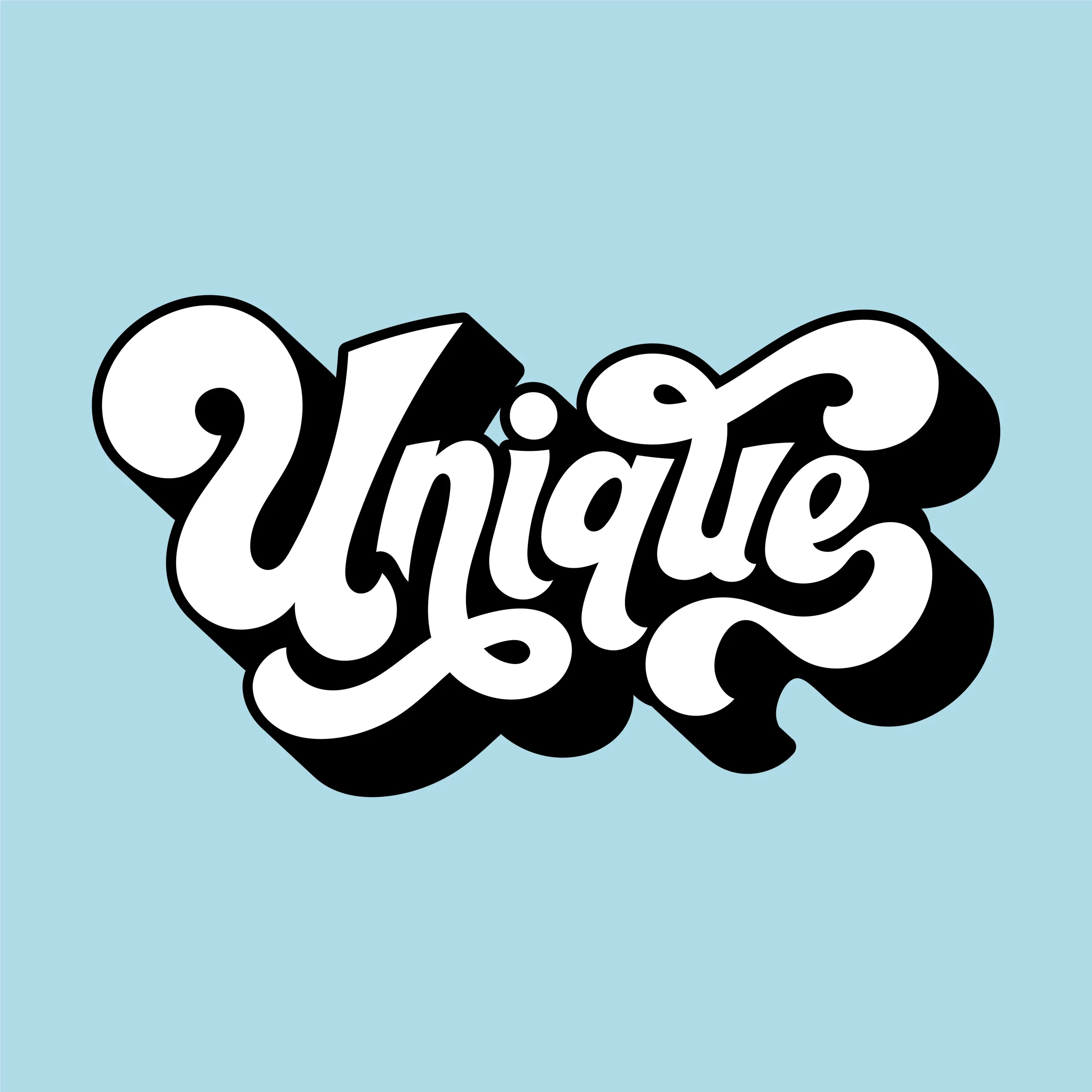 Das Wort 'unique' ist in kinetischer Typografie auf einem blauen Hintergrund geschrieben.